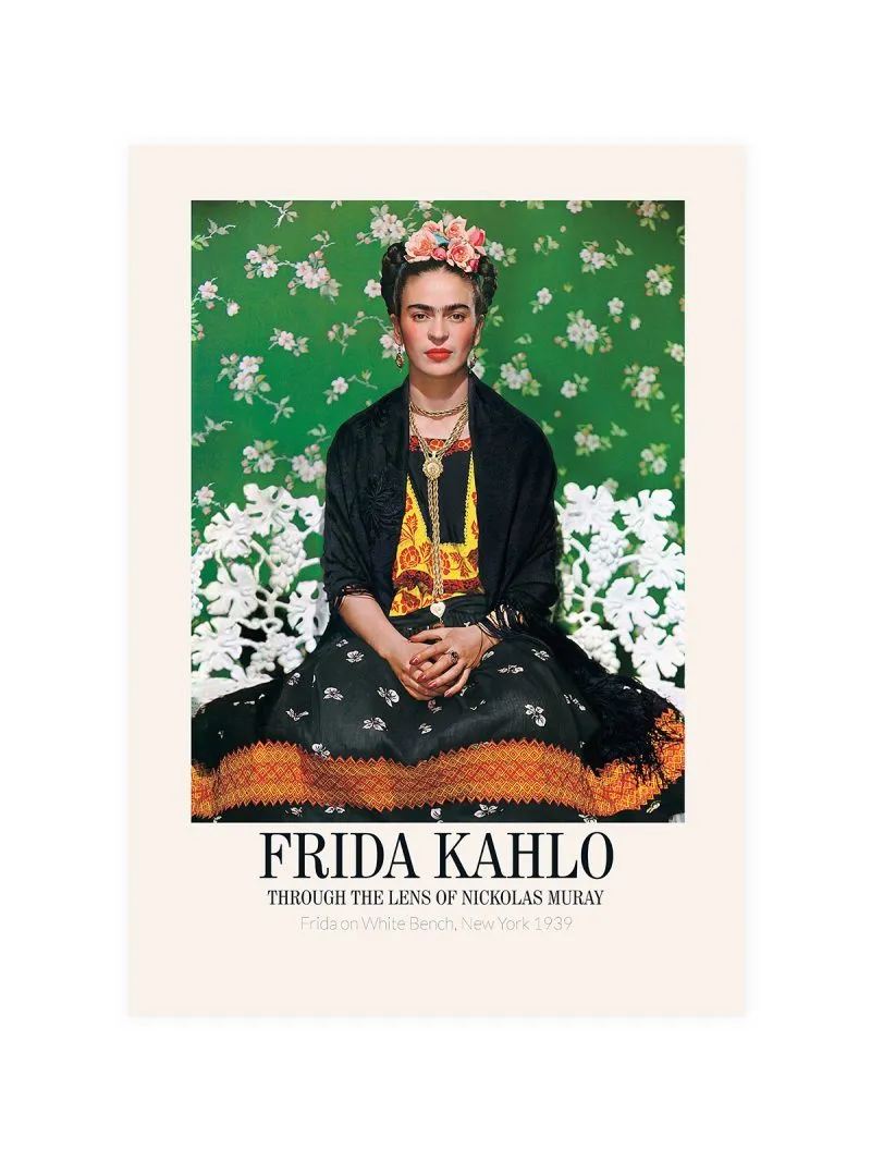 Frida on White Bench Poster